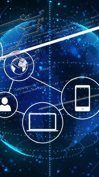 Animation of interface with data processing and network of digital icon against spinning globe