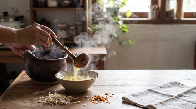 Ladling soto ayam broth from clay pot into bowl