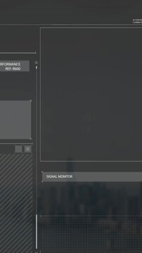 Animation of lines, changing numbers over abstract interface over modern cityscape