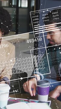 Animation of graphs, loading squares, numbers and connected dots, diverse coworkers sharing ideas