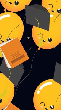 Animation of graduation caps and books over balloons and stars on black background