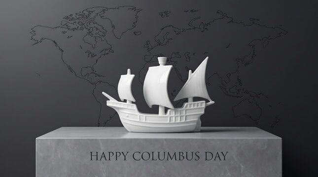 Happy Columbus Day text engraved on pedestal with white ship model