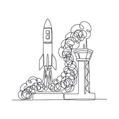 Naklejka premium Dynamic Black and White Line Drawing of a Rocket Launch with Swirling Smoke and Launchpad Structure