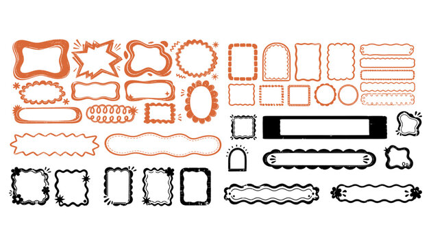 Set of hand-drawn grunge vector frames and borders featuring various shapes like stars, circles, and rectangles in orange and black sketchy styles for vintage label and badge design projects.