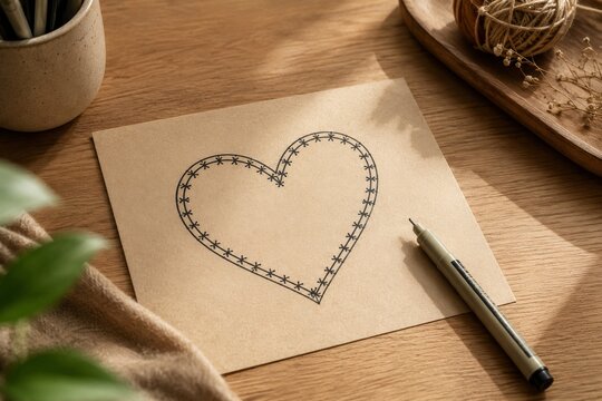 Hand-drawn doodle style heart with stitched pattern outline