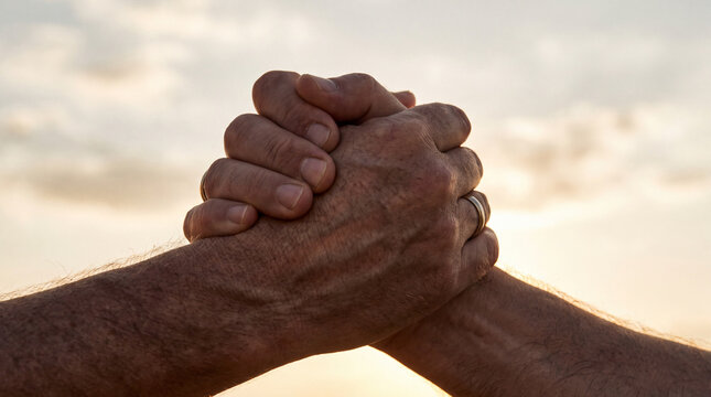 Close-up of two men holding hands in a firm grip, symbolizing friendship, support, unity, and partnership against a soft, golden sunset background.