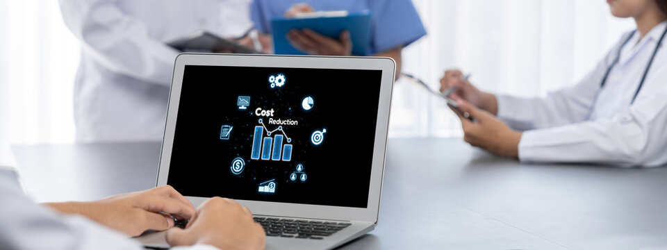Cost reduction, cost saving concept shown on computer screen brisk, corporate business efficiently save cost and company resources by reduction of unnecessary expenses