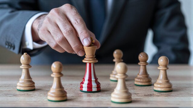 Businessman moves chess king, symbolizing leadership and strategic decision-making in competitive environments.