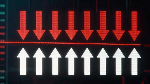 Red arrows point down, white ones upstock market trends displayed vividly.