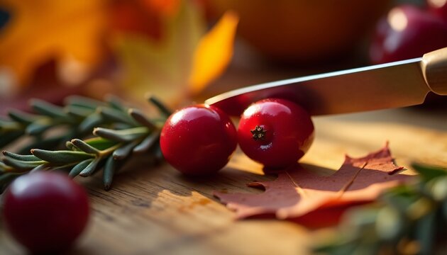 Close up of fresh cranberries and knife on wooden board with autumn le
