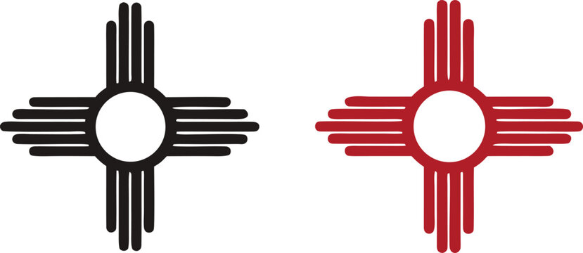 Traditional New Mexico zia sun symbol in black and red color variations isolated on transparent background for cultural identity graphic design illustration.