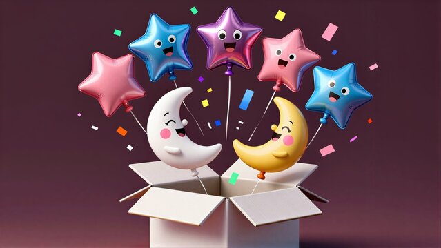 Happy cartoon moons and stars burst joyfully from a gift box with confetti.