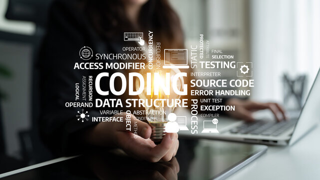 A woman engages in coding on a laptop, surrounded by various programming concepts and keywords. This image captures the essence of software development and modern technology. Tessel