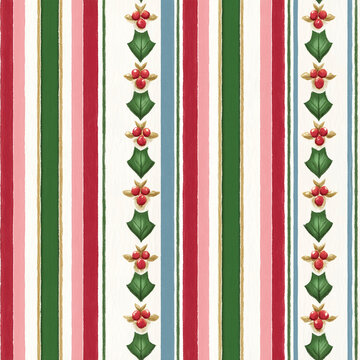 Colorful Christmas Stripes and Holly Seamless Watercolor Pattern