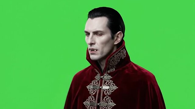 Male vampire wearing red velvet cape posing against green screen