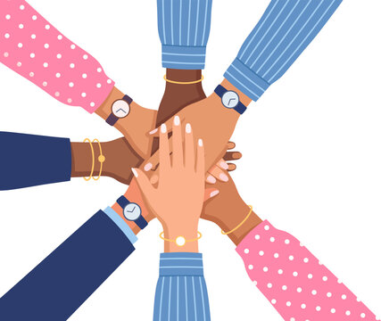 Diverse business team stacking hands in unity and professional collaboration