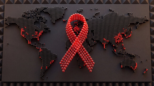 A 3D rendering of a world map made of dark pins with a red awareness ribbon, symbolizing global HIV and AIDS health awareness and medical solidarity.