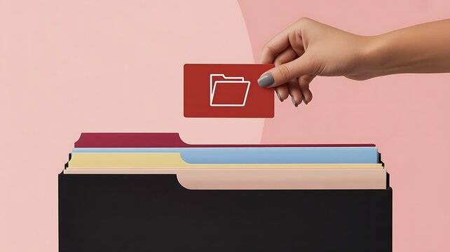 Hand organizing colorful digital file folders in a minimalist office filing system for data management and organization