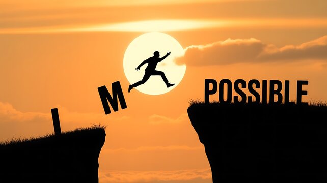 A person jumping across a cliff to change the word impossible into possible representing overcoming personal challenges