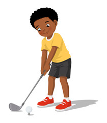 Fototapeta premium Little African boy playing golf holding golf club to hit the ball isolated on white background 