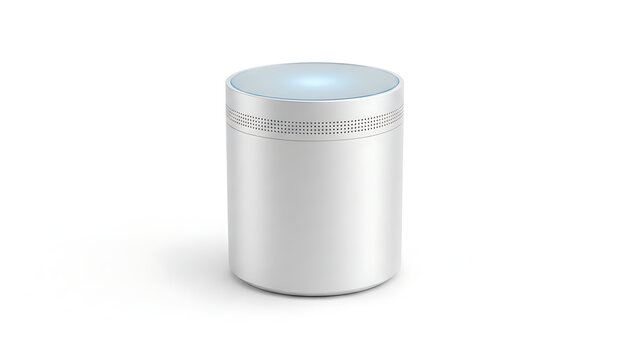A minimalist white cylindrical smart speaker glows with a soft blue light on a clean.