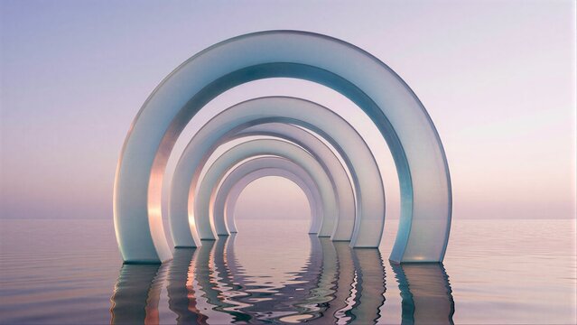 Serene arches float in calm water, reflecting soft twilight hues.