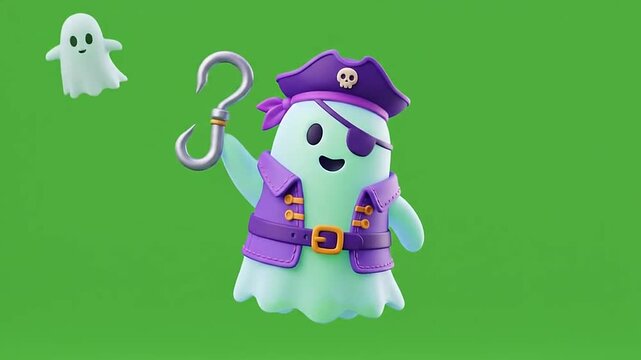 Cute halloween ghost pirate character animation on green screen