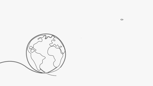Continuous single line art drawing animation airplane flying around planet globe white background