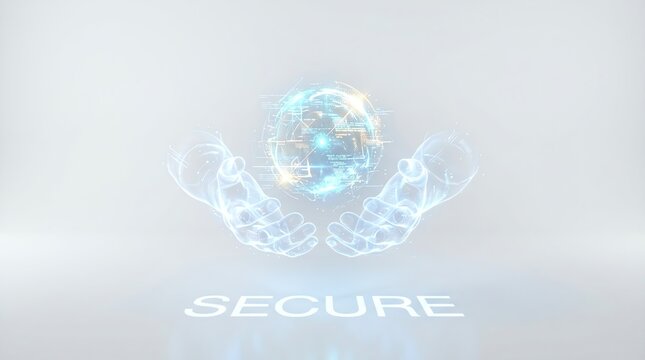 Abstract glowing wireframe hands holding a digital sphere with secure text concept on light background