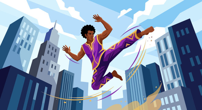 A dynamic vector illustration featuring a skilled capoeira practitioner mid-air performing a powerful martial arts kick amidst a stylized, modern urban city skyline.