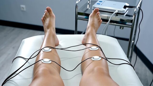 Patient feet in clinic attached to ecg suction cup electrodes during medical examination