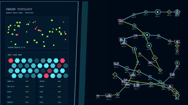 Quantum encryption interface displays geometric node connections and glowing hex data maps on a dark screen showing complex network routing patterns within a digital server environment