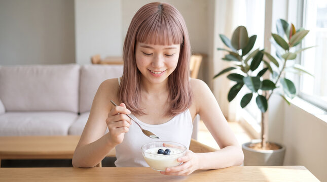 自然光が差し込む部屋で朝食を楽しむ日本人女性