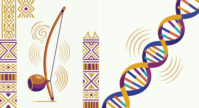 A flat design vector illustration featuring a berimbau musical instrument on the left and a double helix DNA structure on the right, decorated with cultural patterns.