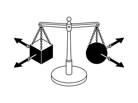 Balancing scale comparing rectangular block and round weight with forces
