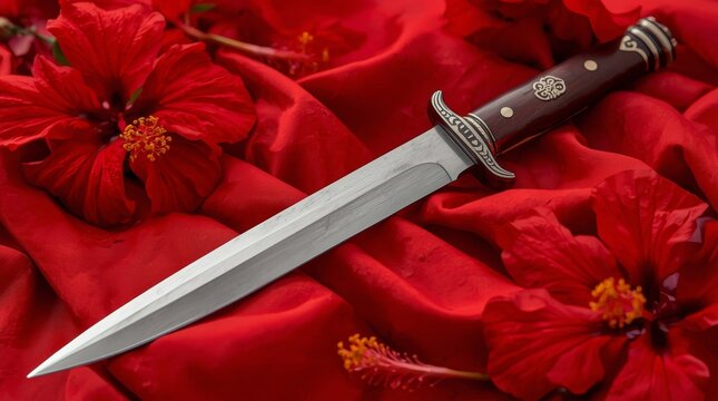 Elegant ritual blade with intricate handle displayed amidst vibrant red floral arrangement with evoking sense tradition craftsmanship showcases sharp ceremonial