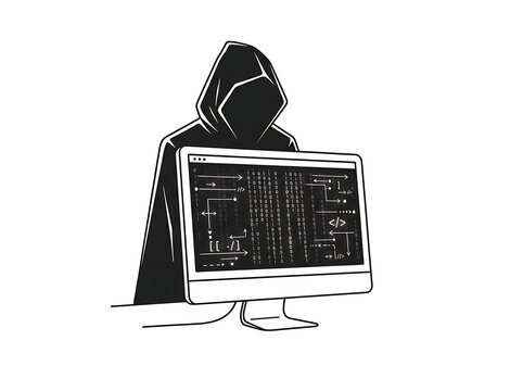 Hacker silhouette working on computer with code and circuits