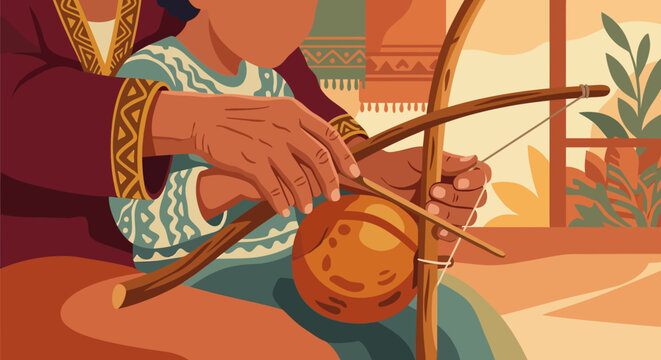 A detailed flat vector illustration showing an adult teaching a child how to play the berimbau, a traditional Brazilian musical instrument, in a warm, artistic setting.