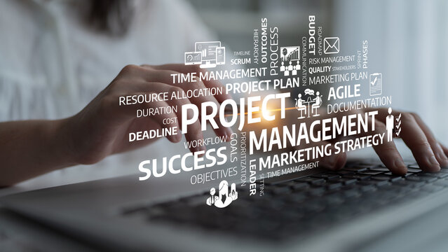 A close-up of hands typing on a keyboard showcases project management concepts. Icons symbolize success, strategy, and workflow in a modern business setting. Tessel