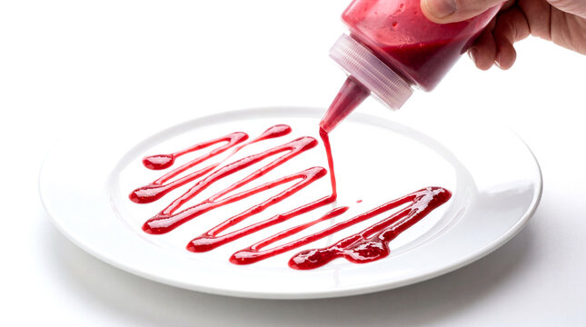 Raspberry coulis drizzle white plate zigzag pattern dessert plating food stock