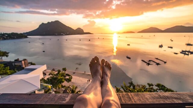 Woman relaxing with feet resting on a railing overlooking a tropical beach at sunset