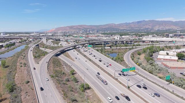Aerial view of traffic in the SLC interstate interchange, Utah