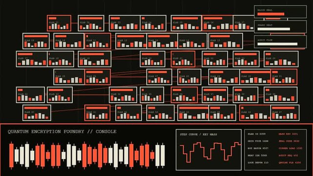a dark digital display interface shows quantum encryption nodes updating in a complex network as red bar charts pulsate across a grid of modular data slabs