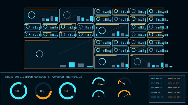a series of bright quantum encryption interface displays showing complex cycling data flow and loading percentages on a dark screen panel during a server monitoring process