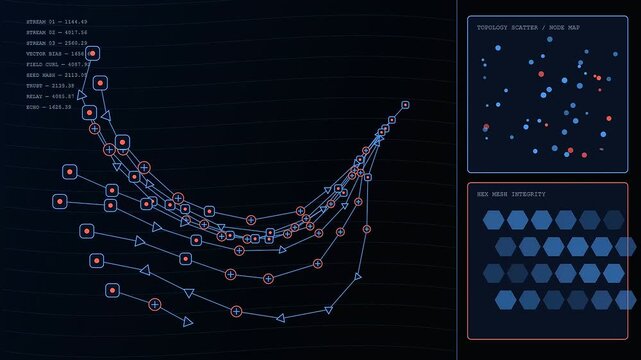Quantum encryption flows through complex digital interfaces showcasing data streams interconnected node maps and hexagonal grid structures that animate across a dark virtual monitor viewing space