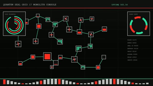 Quantum encryption monitors display growing network node connections in a sequence of digital interface frames representing complex data flows within a dark modular server console room