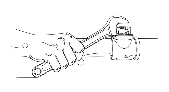 Hand holding adjustable wrench tightening pipe fitting, isolated illustration