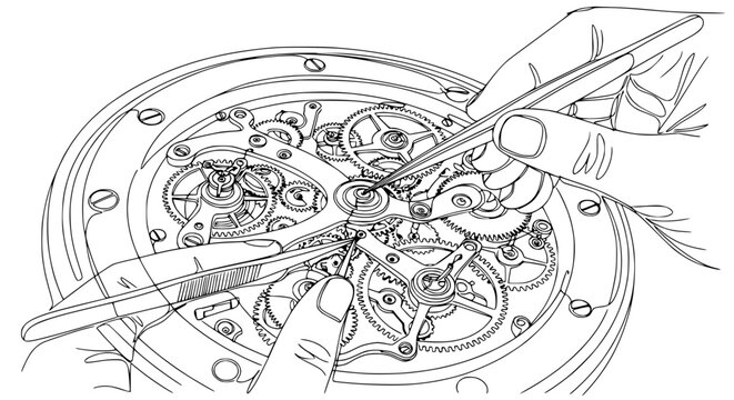 Watchmaker repairing intricate clockwork mechanism with tweezers, isolated detail