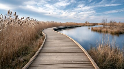 Fototapeta premium Curved Wooden Boardwalk Crossing Through a Peaceful Wetland Landscape Under a Blue Sky