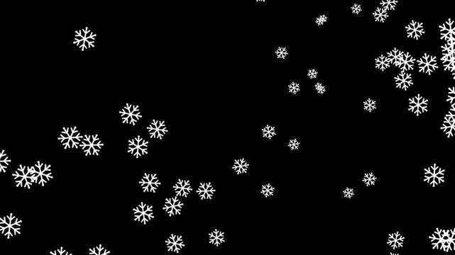 White snowflakes falling on black background winter overlay loop.